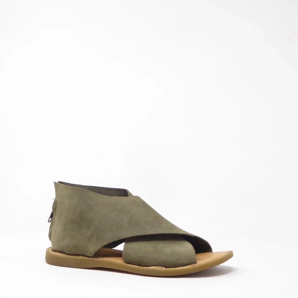Born Womens Iwa Crisscross Sandals Green Suede Leather Back Zip Flat 8M